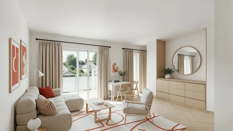 Salon lumineux d'un appartement neuf éligible PTZ 2026 - intérieur moderne avec parquet, baie vitrée et décoration contemporaine